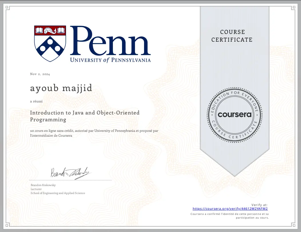 Introduction to Java and Object-Oriented Programming certificate