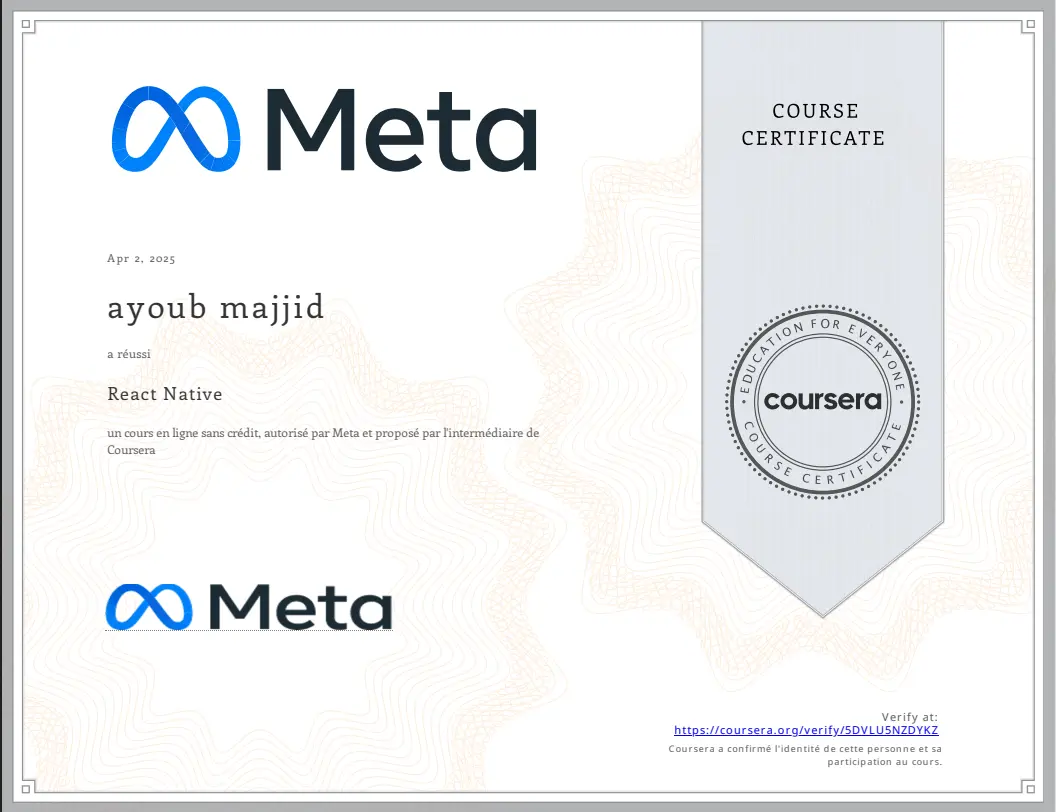 React Native Meta certificate