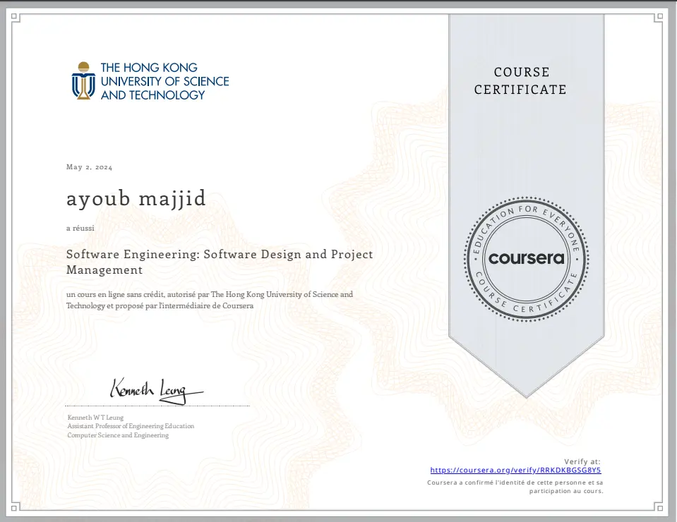 Software Engineering: Software Design and Project Management certificate